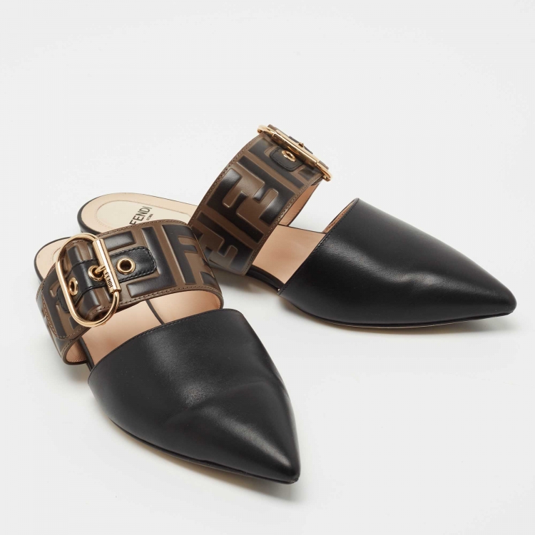 Pre Owned Fendi Black/Brown Leather FF Logo Buckle Mules Size 37