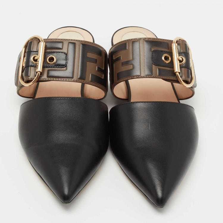 Pre Owned Fendi Black/Brown Leather FF Logo Buckle Mules Size 37