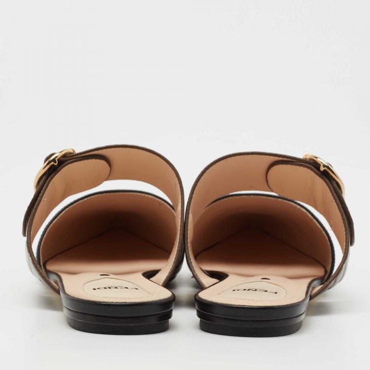 Pre Owned Fendi Black/Brown Leather FF Logo Buckle Mules Size 37