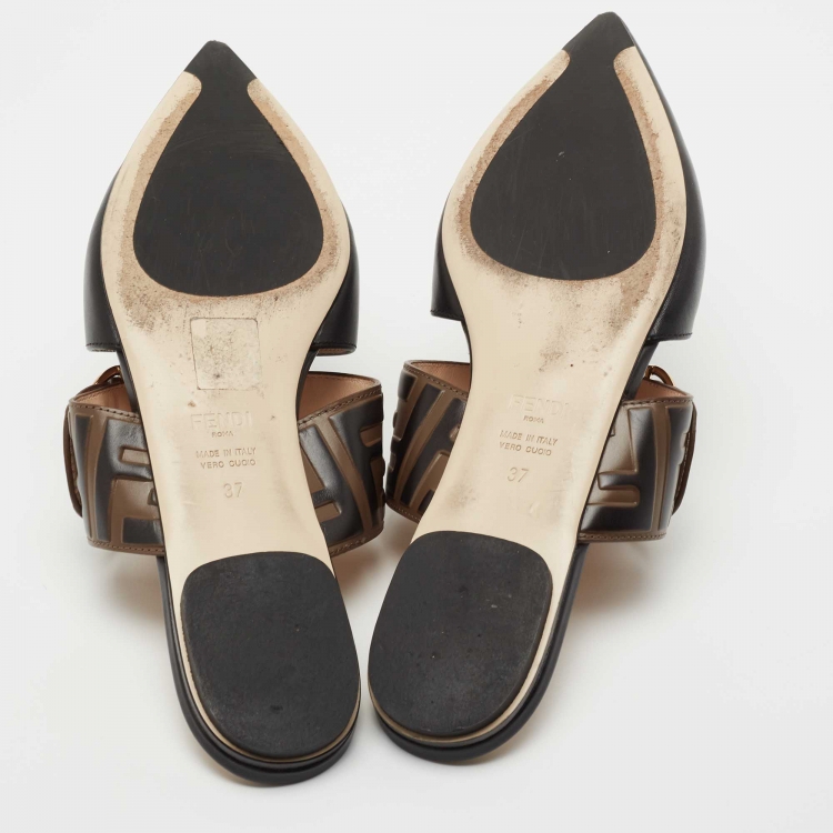 Pre Owned Fendi Black/Brown Leather FF Logo Buckle Mules Size 37