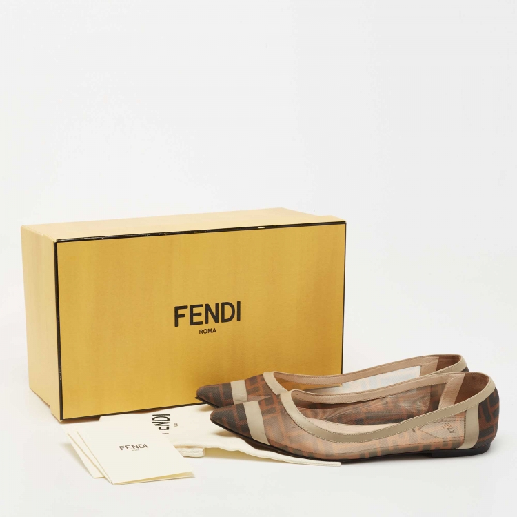 Pre Owned Fendi Tobacco Zucca Mesh and Leather Pointed Toe Ballet Flats Size 38.5
