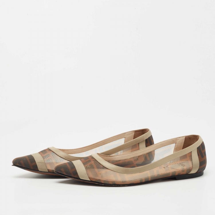 Pre Owned Fendi Tobacco Zucca Mesh and Leather Pointed Toe Ballet Flats Size 38.5