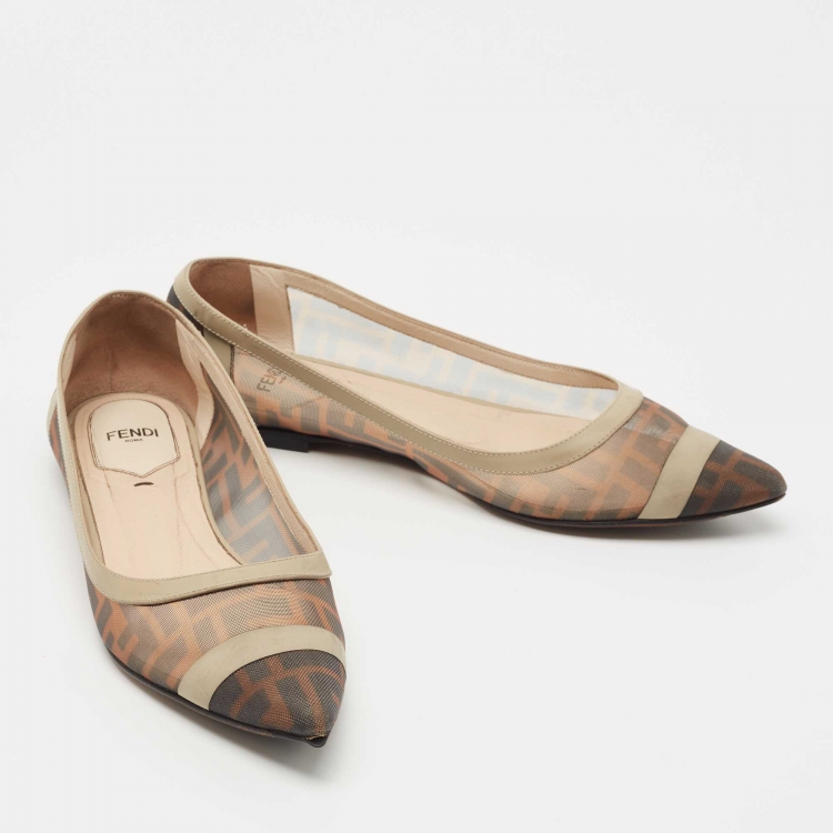 Pre Owned Fendi Tobacco Zucca Mesh and Leather Pointed Toe Ballet Flats Size 38.5