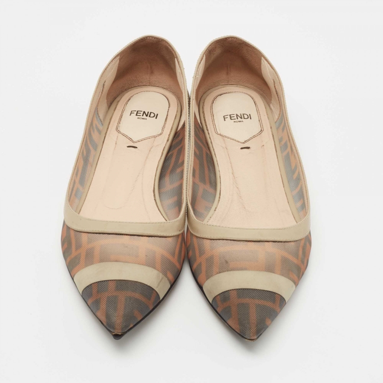 Pre Owned Fendi Tobacco Zucca Mesh and Leather Pointed Toe Ballet Flats Size 38.5