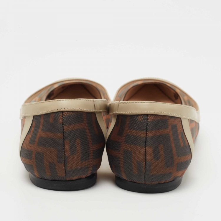 Pre Owned Fendi Tobacco Zucca Mesh and Leather Pointed Toe Ballet Flats Size 38.5