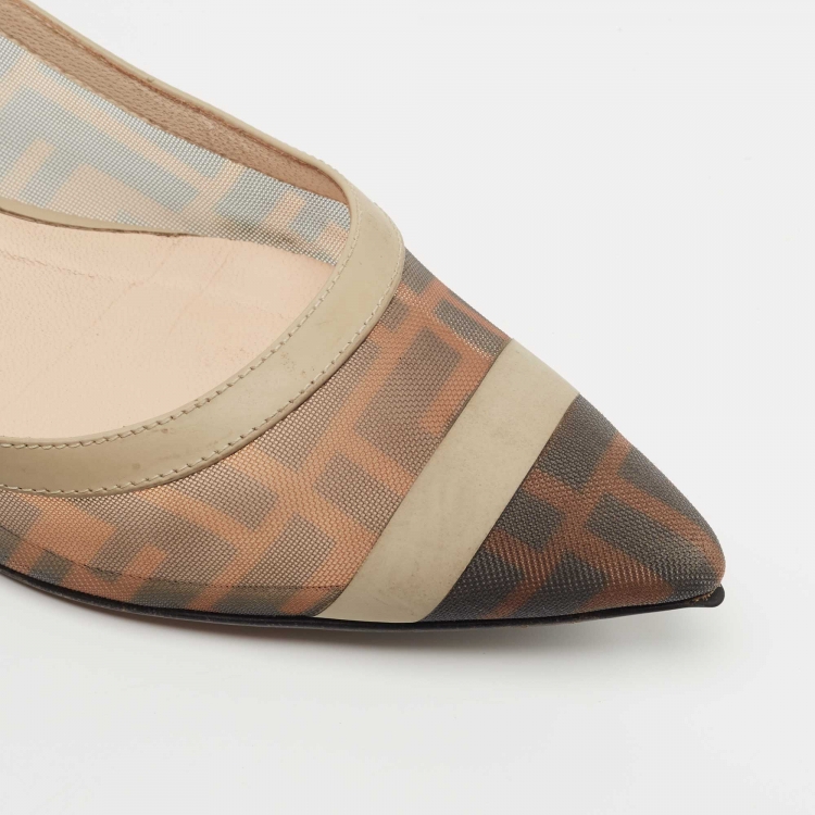 Pre Owned Fendi Tobacco Zucca Mesh and Leather Pointed Toe Ballet Flats Size 38.5