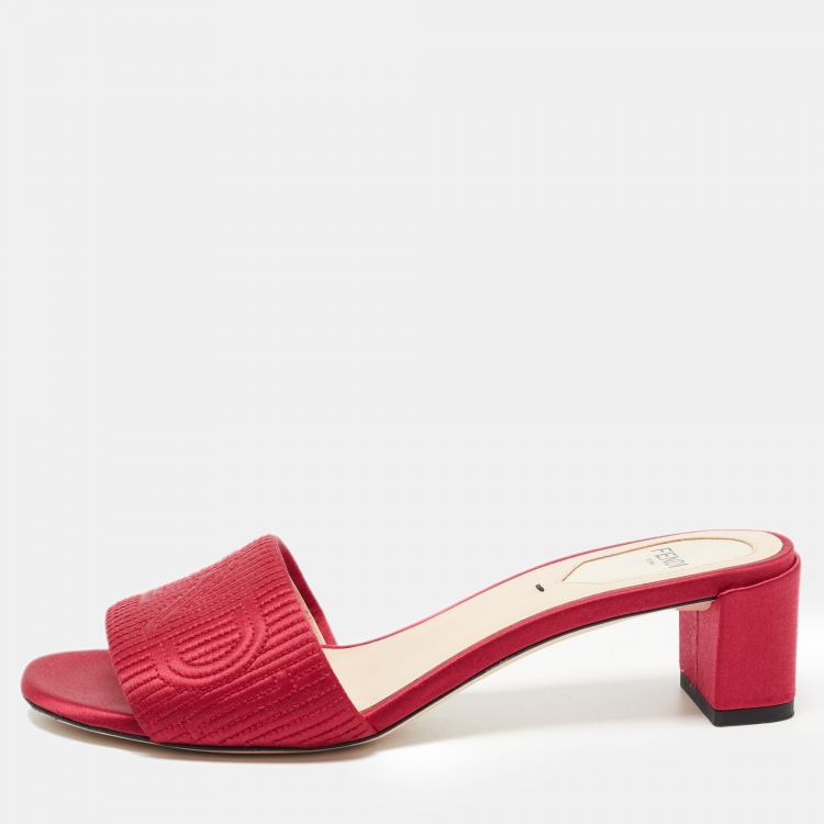 Pre Owned Fendi Red Satin FF Motif Slides Size 36