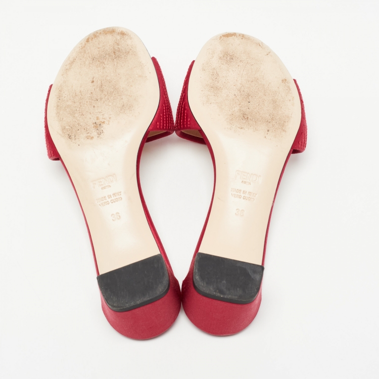 Pre Owned Fendi Red Satin FF Motif Slides Size 36