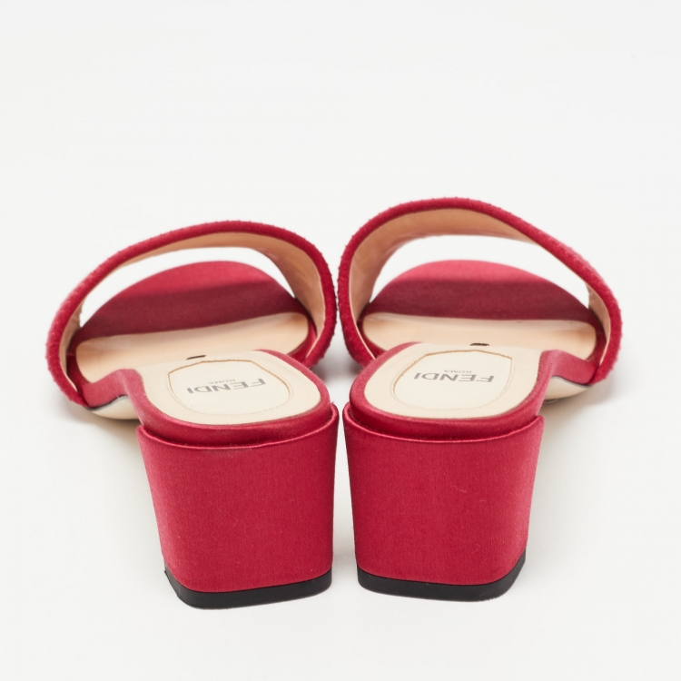 Pre Owned Fendi Red Satin FF Motif Slides Size 36