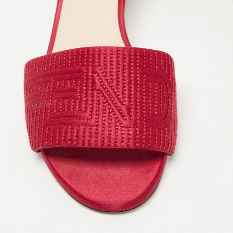 Pre Owned Fendi Red Satin FF Motif Slides Size 36