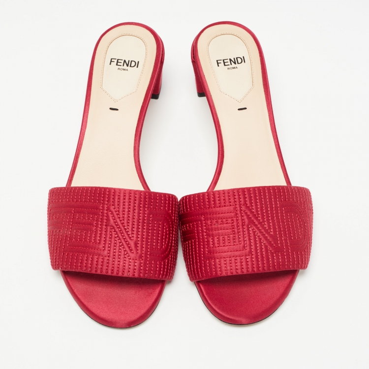 Pre Owned Fendi Red Satin FF Motif Slides Size 36