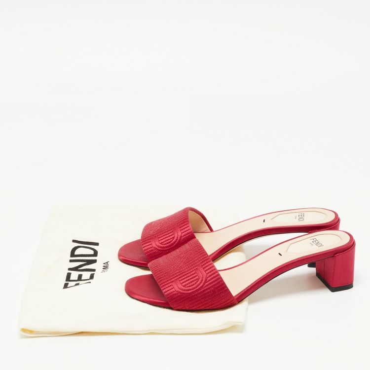 Pre Owned Fendi Red Satin FF Motif Slides Size 36