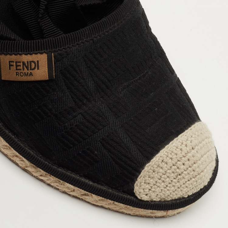 Pre Owned Fendi Black Zucca Canvas Ankle Tie Wedge Espadrilles Size 38