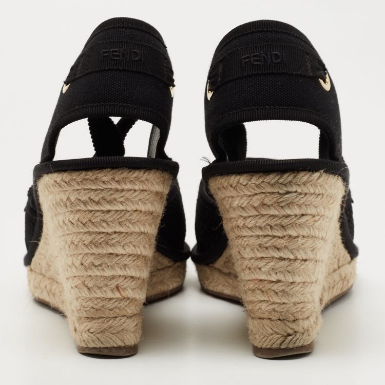 Pre Owned Fendi Black Zucca Canvas Ankle Tie Wedge Espadrilles Size 38