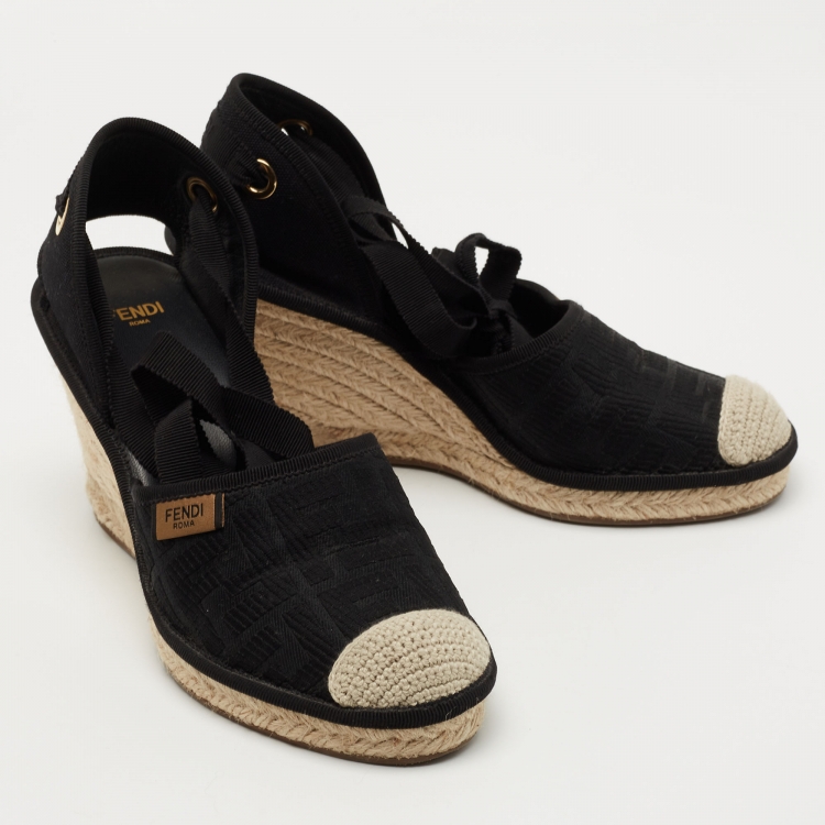 Pre Owned Fendi Black Zucca Canvas Ankle Tie Wedge Espadrilles Size 38