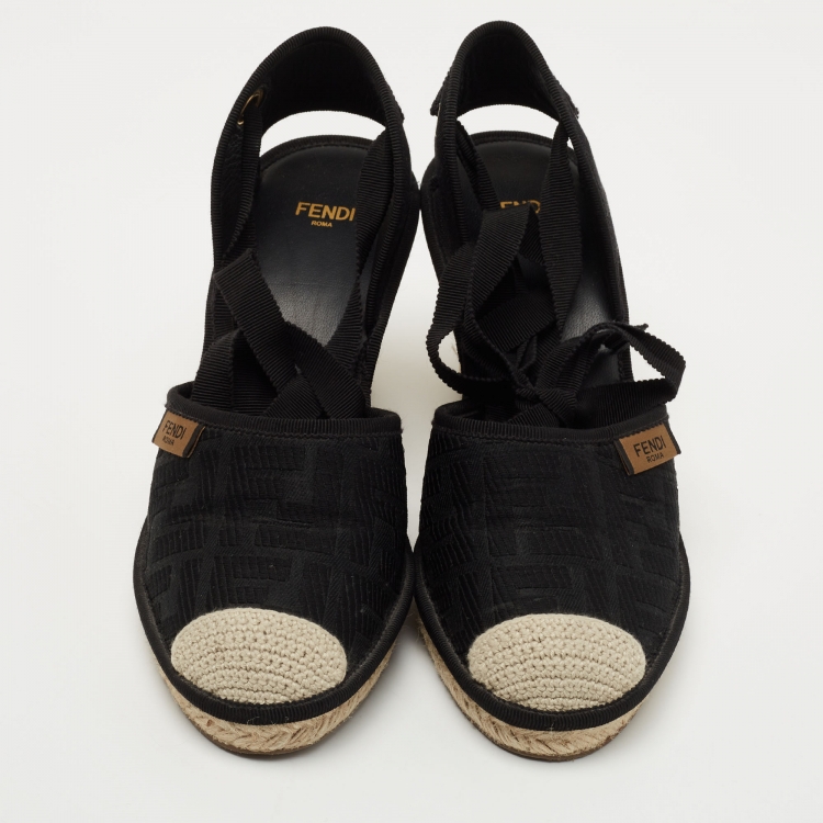 Pre Owned Fendi Black Zucca Canvas Ankle Tie Wedge Espadrilles Size 38