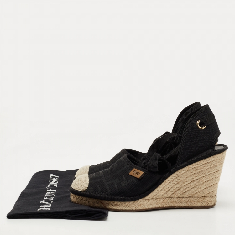 Pre Owned Fendi Black Zucca Canvas Ankle Tie Wedge Espadrilles Size 38