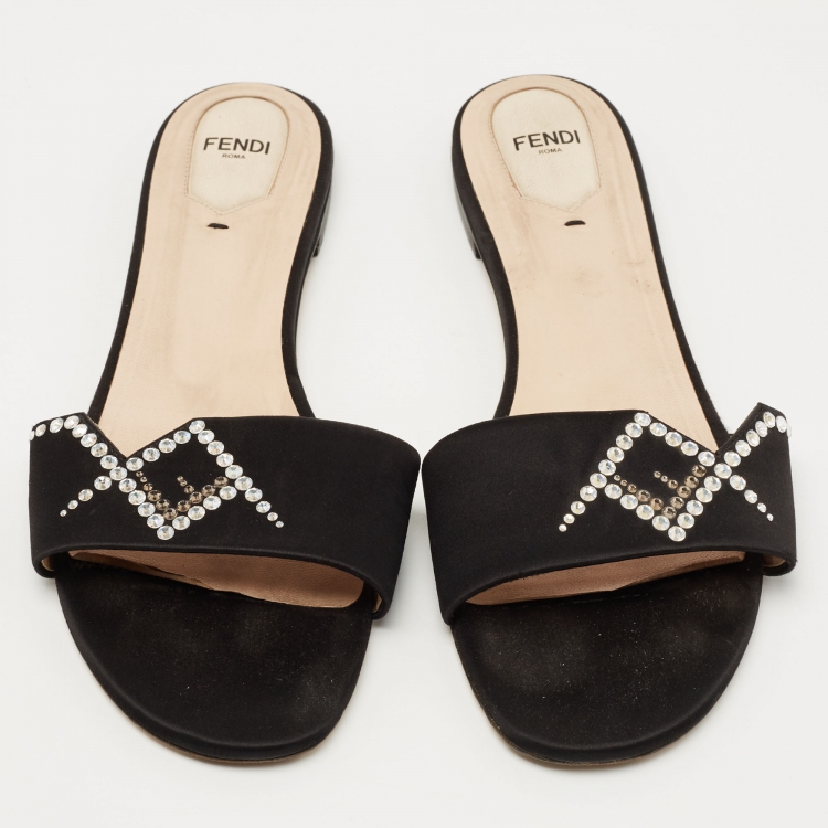 مملوكة مسبقًا Fendi Black Satin Crystal Embellished Slide Flats Size 42
