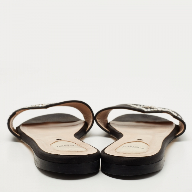 مملوكة مسبقًا Fendi Black Satin Crystal Embellished Slide Flats Size 42
