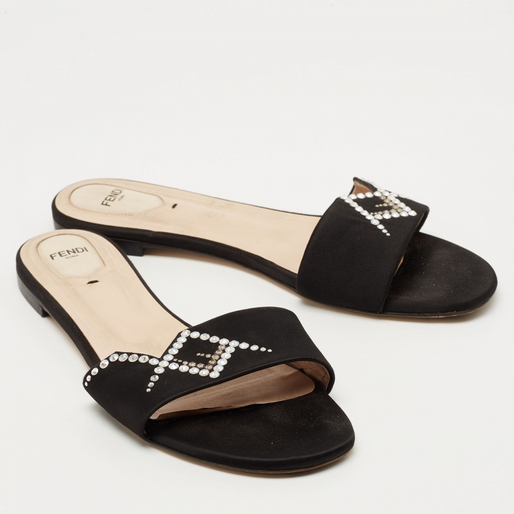 مملوكة مسبقًا Fendi Black Satin Crystal Embellished Slide Flats Size 42
