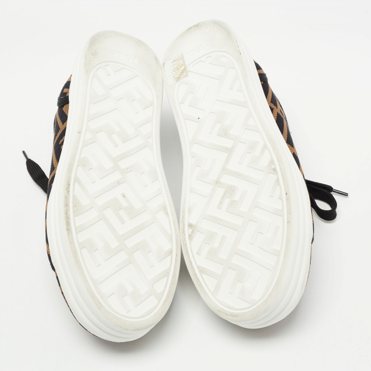 Pre Owned Fendi Brown Knit Fabric FF Motif Low Top Sneakers Size 37.5