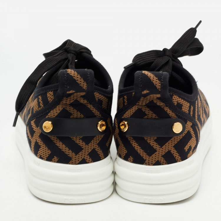 Pre Owned Fendi Brown Knit Fabric FF Motif Low Top Sneakers Size 37.5
