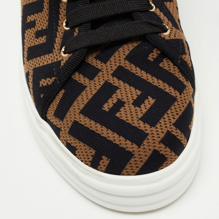 Pre Owned Fendi Brown Knit Fabric FF Motif Low Top Sneakers Size 37.5