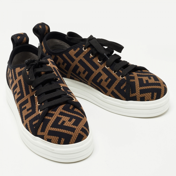 Pre Owned Fendi Brown Knit Fabric FF Motif Low Top Sneakers Size 37.5