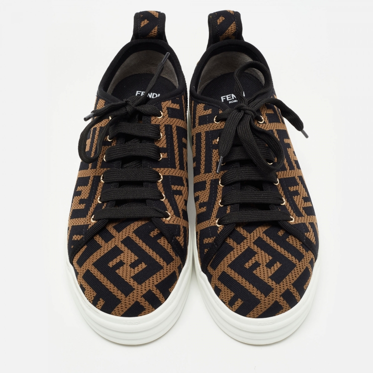 Pre Owned Fendi Brown Knit Fabric FF Motif Low Top Sneakers Size 37.5