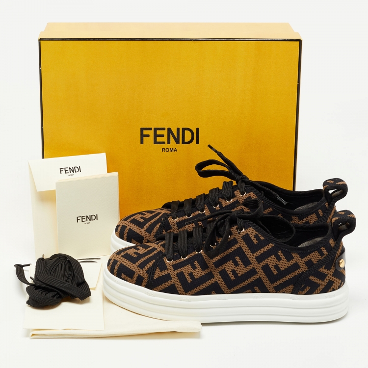 Pre Owned Fendi Brown Knit Fabric FF Motif Low Top Sneakers Size 37.5