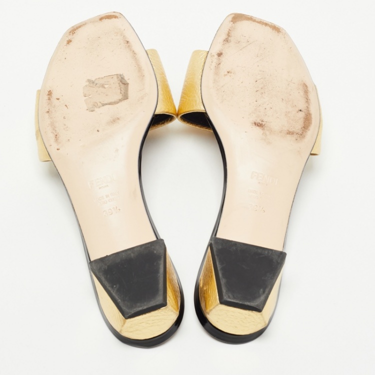 Pre Owned Fendi Gold Leather Studded Slide Sandals Size 39.5