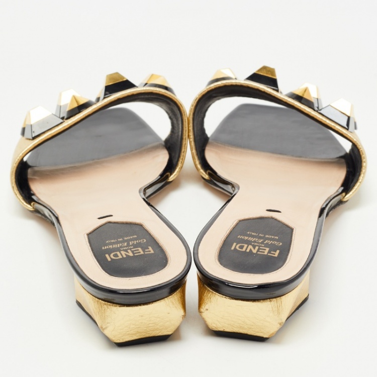 Pre Owned Fendi Gold Leather Studded Slide Sandals Size 39.5