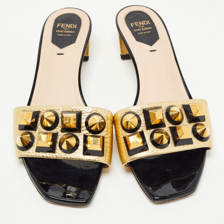 Pre Owned Fendi Gold Leather Studded Slide Sandals Size 39.5