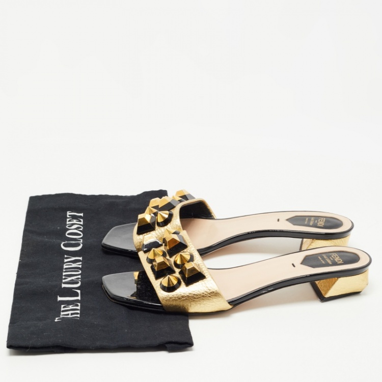 Pre Owned Fendi Gold Leather Studded Slide Sandals Size 39.5