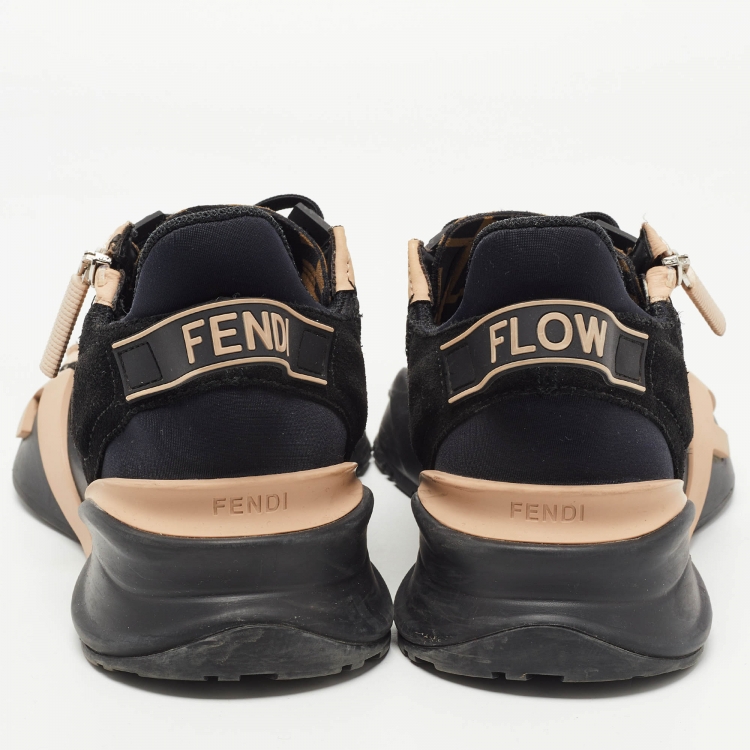 Pre Owned Fendi Black/Beige Mesh and Leather Flow Sneakers Size 38