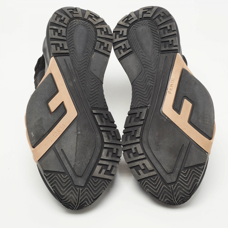 Pre Owned Fendi Black/Beige Mesh and Leather Flow Sneakers Size 38