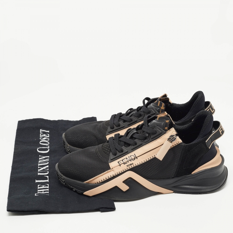 Pre Owned Fendi Black/Beige Mesh and Leather Flow Sneakers Size 38