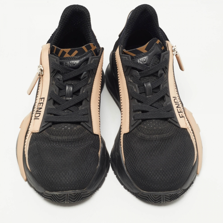 Pre Owned Fendi Black/Beige Mesh and Leather Flow Sneakers Size 38