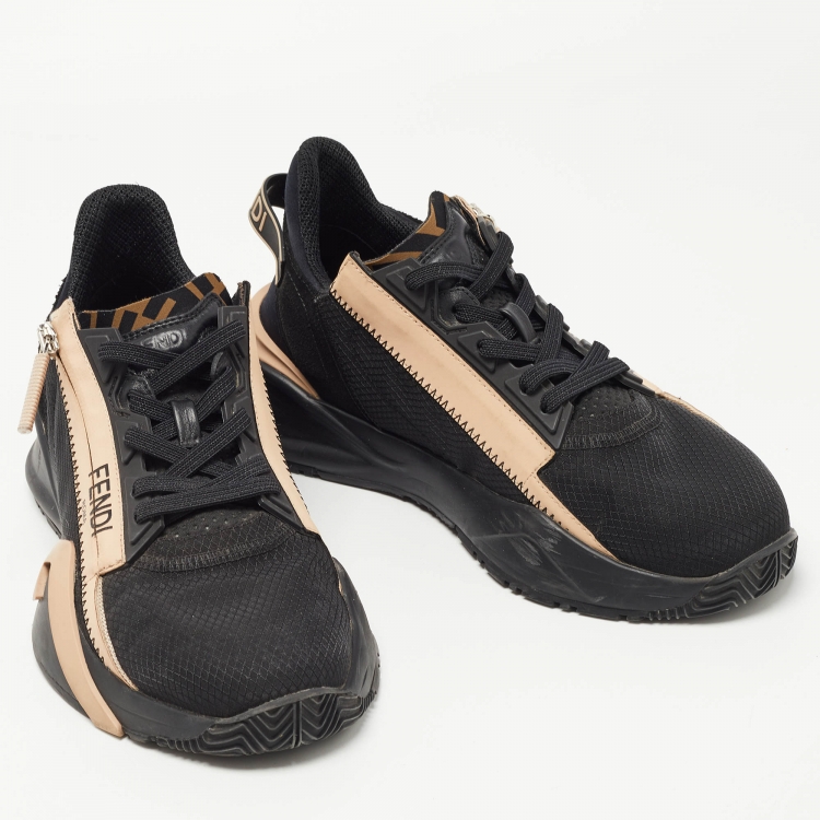 Pre Owned Fendi Black/Beige Mesh and Leather Flow Sneakers Size 38