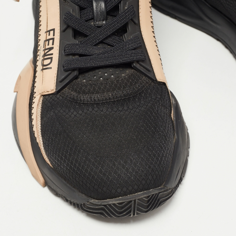 Pre Owned Fendi Black/Beige Mesh and Leather Flow Sneakers Size 38