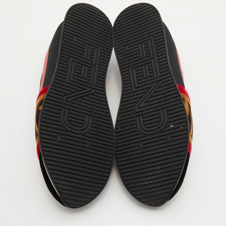 مملوكة مسبقًا Fendi Tri-Color Stretch Nylon, Mesh and Zucca Print Velvet Runaway Slip-On Sneakers Size 37