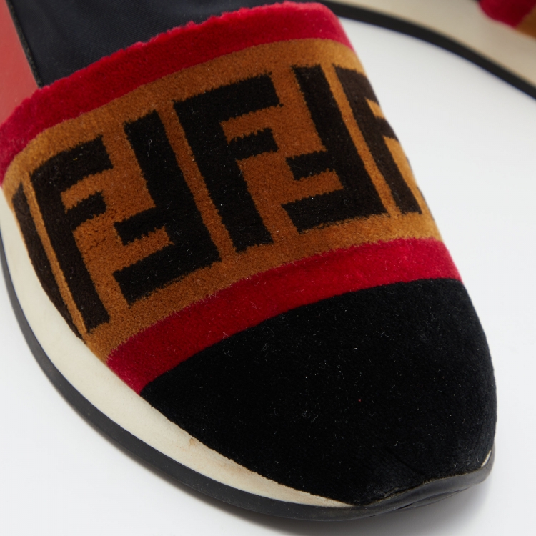 مملوكة مسبقًا Fendi Tri-Color Stretch Nylon, Mesh and Zucca Print Velvet Runaway Slip-On Sneakers Size 37
