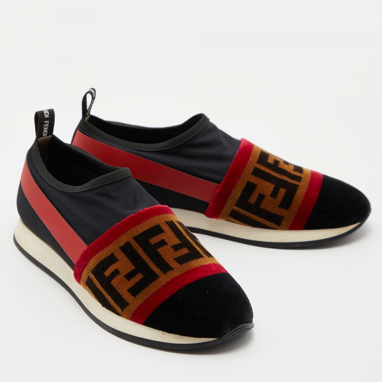 مملوكة مسبقًا Fendi Tri-Color Stretch Nylon, Mesh and Zucca Print Velvet Runaway Slip-On Sneakers Size 37