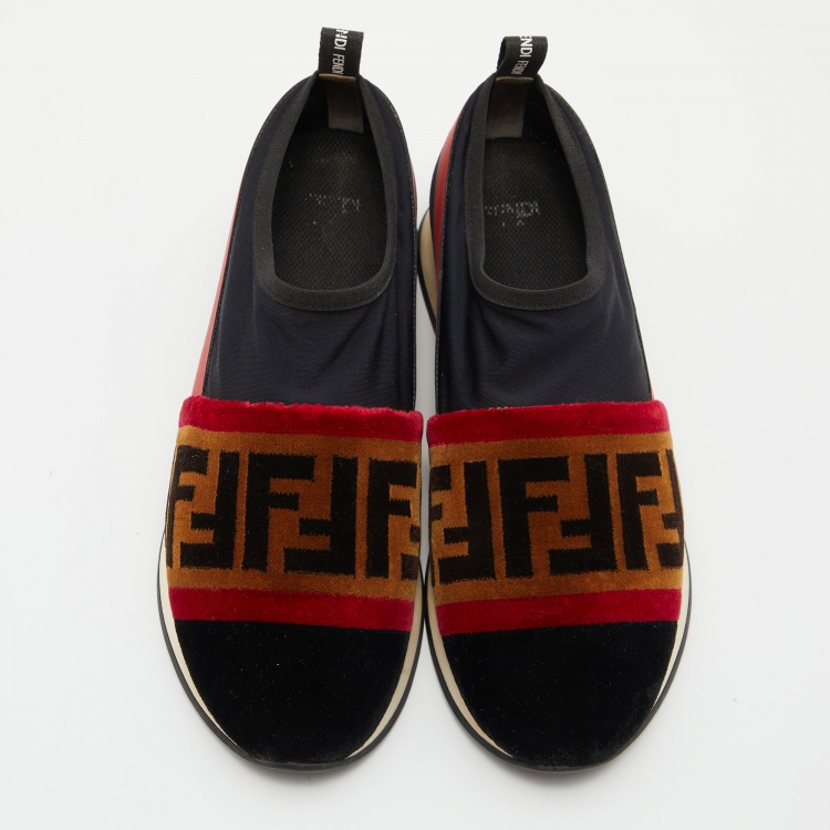 مملوكة مسبقًا Fendi Tri-Color Stretch Nylon, Mesh and Zucca Print Velvet Runaway Slip-On Sneakers Size 37