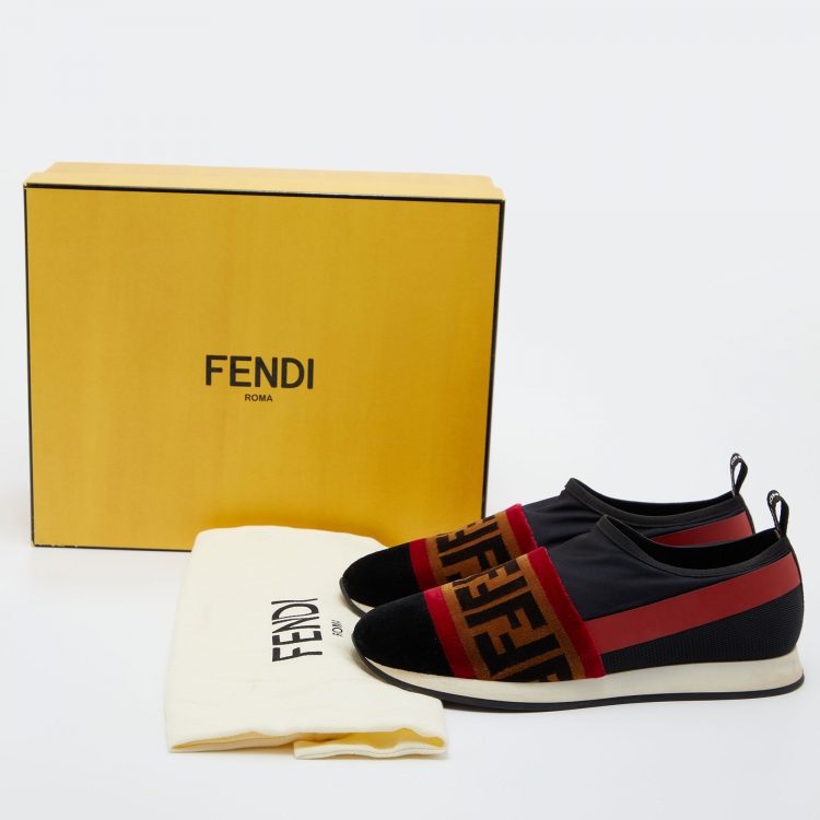 مملوكة مسبقًا Fendi Tri-Color Stretch Nylon, Mesh and Zucca Print Velvet Runaway Slip-On Sneakers Size 37