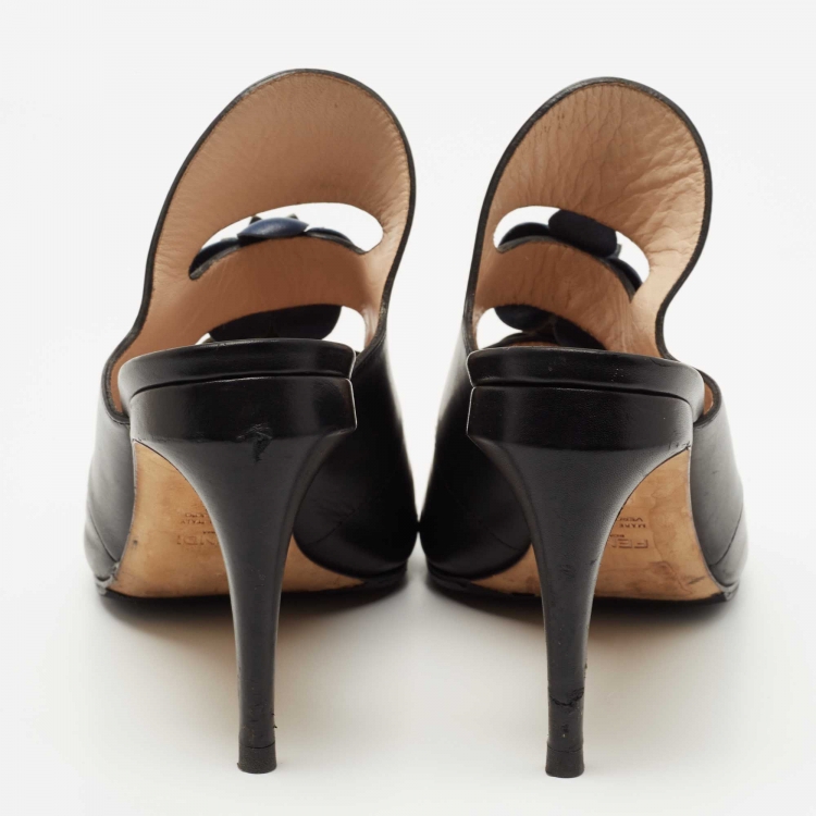 Pre Owned Fendi Black Leather Flowerland Open Toe Mules Size 38