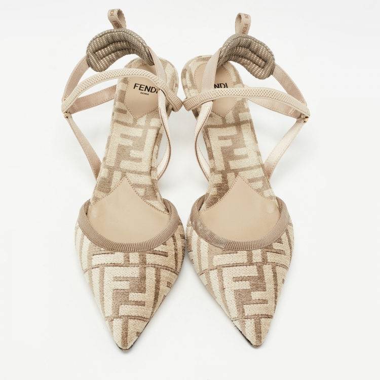 Pre Owned Fendi Brown Jacquard Colibri Slingback Pumps Size 37.5