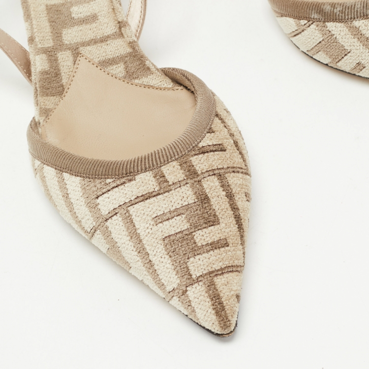 Pre Owned Fendi Brown Jacquard Colibri Slingback Pumps Size 37.5