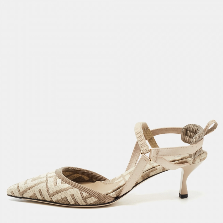 Pre Owned Fendi Brown Jacquard Colibri Slingback Pumps Size 37.5
