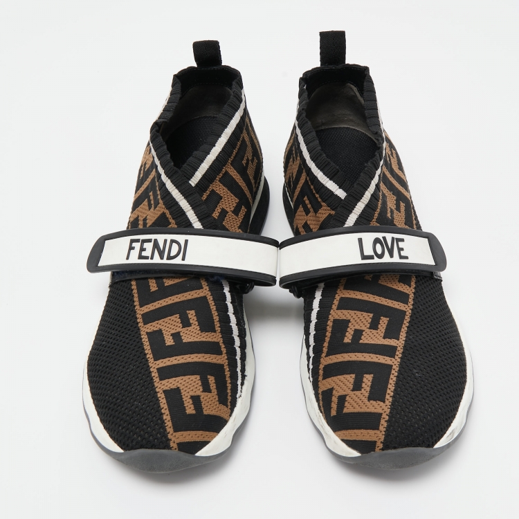 Pre Owned Fendi Black/Brown Zucca Knit Fabric Slip On Sneakers Size 38